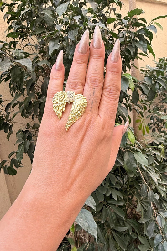 Platinum gold plated 18k wing ring with micro zircon strasses